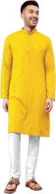 Enmozz Men Chikan Embroidery Straight Kurta(Yellow)