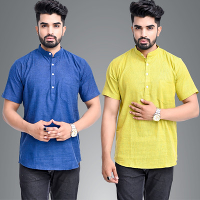 QuaClo Men Solid Straight Kurta(Dark Blue, Yellow)