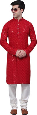 DHASU TRENDZ Men Embroidered Straight Kurta(Maroon)