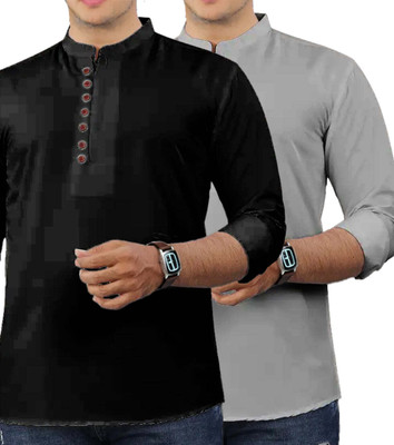 GOD HEART Men Solid Straight Kurta(Grey, Black)