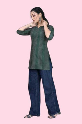 Texpa Creationku Women Striped Straight Kurta(Green)