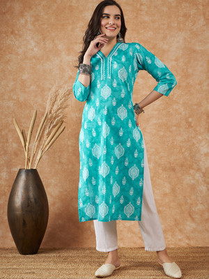 Sangria Women Printed A-line Kurta(Green)