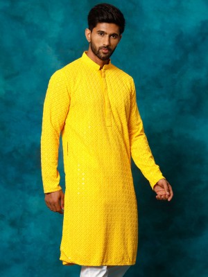 VASTRAMAY Men Embellished, Embroidered Straight Kurta(Yellow)