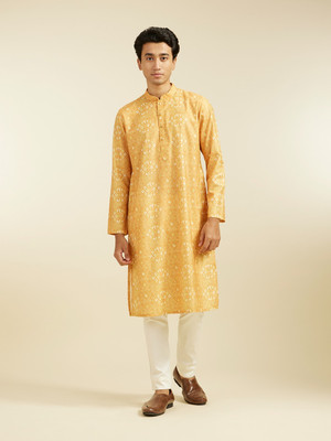 DIWAS by Manyavar Men Printed Straight Kurta(Yellow)