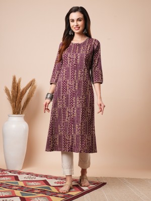 Globus Women Floral Print A-line Kurta(Purple)