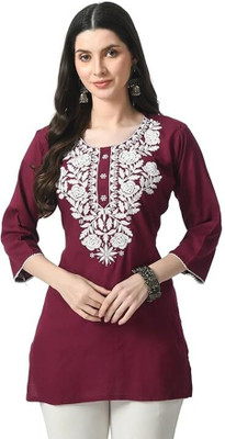 OsWorn Women Chikan Embroidery A-line Kurta(Maroon)