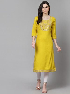oceanabode Women Embroidered A-line Kurta(Yellow)