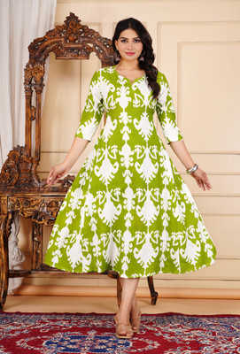 RAJBHARAT Women Printed Anarkali Kurta(Green)