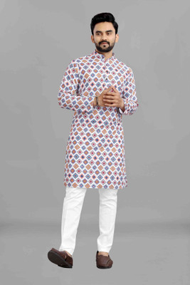 PINK WISH Men Colorblock Straight Kurta(Multicolor)