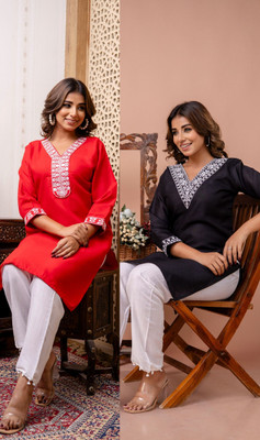 vikshi Women Chikan Embroidery A-line Kurta(Multicolor)