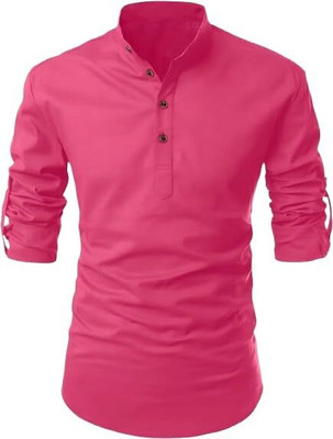 StoneHeart Men Solid Straight Kurta(Pink)