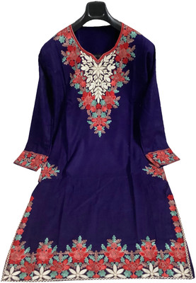 Warm Worth Women Embroidered A-line Kurta(Dark Blue)