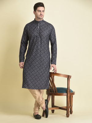 Tabard Men Printed Straight Kurta(Blue)