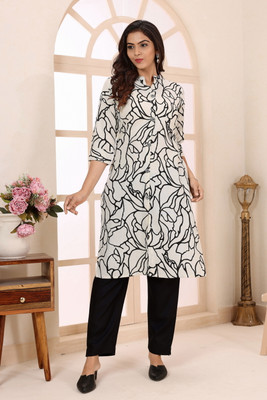 Meher Impex Women Floral Print A-line Kurta(White, Black)