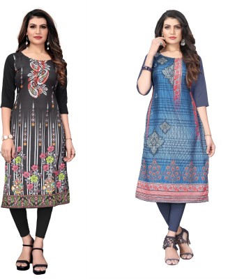 Growmore Fab Women Printed A-line Kurta(Black, Grey)