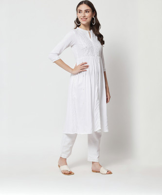 ANGITA Women Chikan Embroidery Flared Kurta(White)