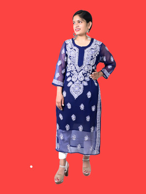 Ibtida Women Chikan Embroidery Straight Kurta(Dark Blue, White)
