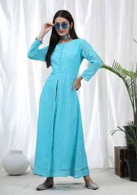 American Blues Women Chikan Embroidery Frontslit Kurta(Light Blue, White)