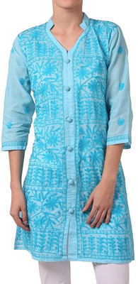 J K FASHION Women Chikan Embroidery Ethnic Dress Kurta(Blue)
