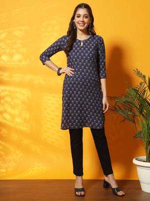 MEERANSHI LIVING Women Floral Print Straight Kurta(Blue)