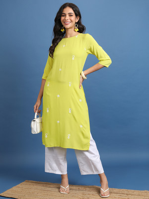 Vishudh Women Printed Straight Kurta(Green)