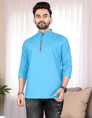 click n buy Men Solid Trail Cut Kurta(Blue)