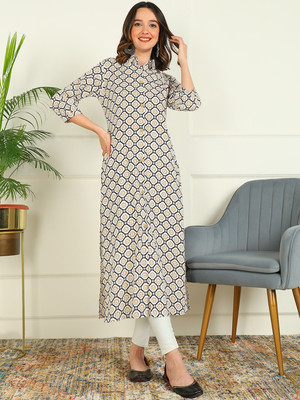 Faxmon Fashion Women Printed Frontslit Kurta(White)