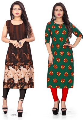 Hiral Creation Women Printed Straight Kurta(Brown, Green)