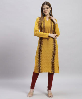 MYLES Women Self Design Straight Kurta(Yellow)