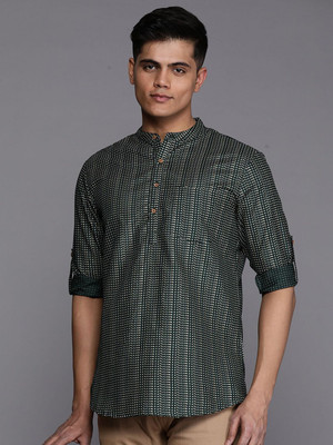 ANOUK Men Striped Straight Kurta(Green)