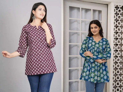 ARZOO Women Floral Print Flared Kurta(Maroon, Blue)