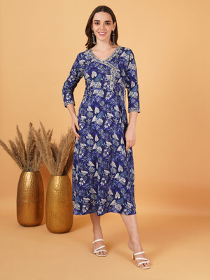 Gudwear Women Floral Print Gown Kurta(Blue)