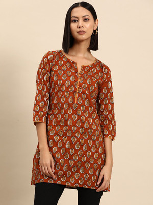 all about you Women Printed Straight Kurta(Orange)