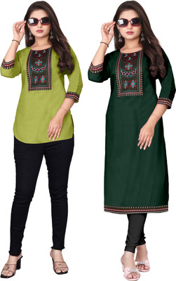 psmn Women Embroidered A-line Kurta(Dark Green, Light Green)