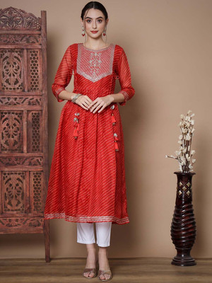 Sangria Women Printed Anarkali Kurta(Red)
