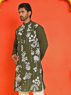 Jompers Men Embroidered Straight Kurta(Dark Green)