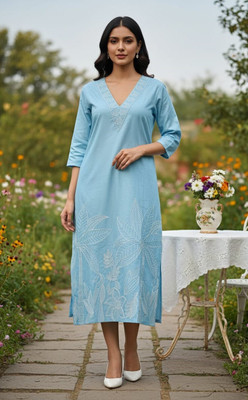 sofiacollection Women Embroidered Straight Kurta(Light Blue)