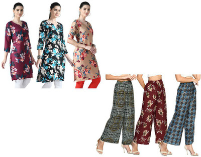 KAYU Women Floral Print Straight Kurta(Light Blue, Brown, Grey)