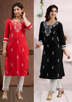 vikshi Women Chikan Embroidery Straight Kurta(Multicolor)