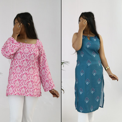 aanzri Women Printed, Paisley, Floral Print Straight Kurta(Pink, Green)