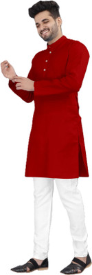 PoshSide Men Solid Straight Kurta(Red)