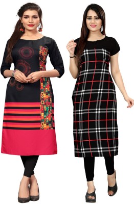 tanvi creation Women Printed, Striped, Checkered Straight Kurta(Black, Pink)