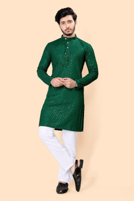 FREYA CREATION Men Embellished Straight Kurta(Dark Green)