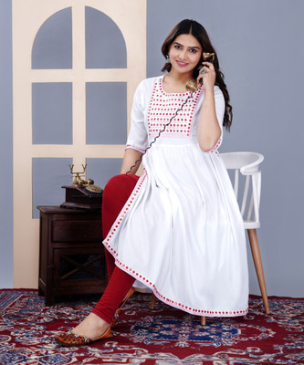 MORAA Women Embroidered A-line Kurta(White)