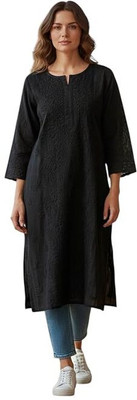 Eddika Women Embroidered Straight Kurta(Black)
