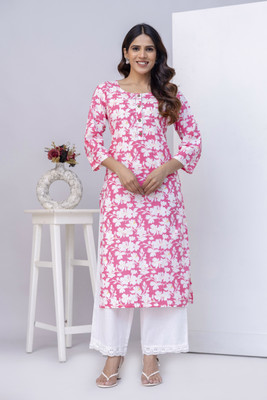 tahajjud Women Floral Print, Printed Straight Kurta(Pink)