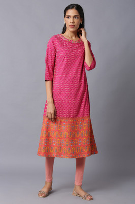 W Women Printed Straight Kurta(Pink, Orange)