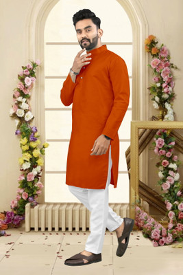 Shree Dutt Creation Men Solid Straight Kurta(Orange)