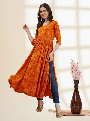 Majesta Women Printed Flared Kurta(Yellow)
