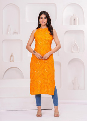 MEERANSHI LIVING Women Printed Straight Kurta(Yellow)